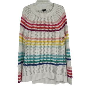 Talbots Open Knit Sweater White Rainbow Stripe Pullover Crew Neck Size M